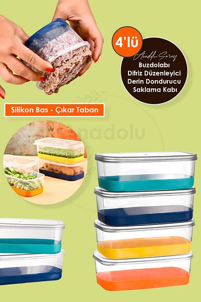 Anadolu Saray 4 Pcs 1000ml Silicone Based Press Release Refrigerator Freeze Deep Freezer Organizer Storage Container