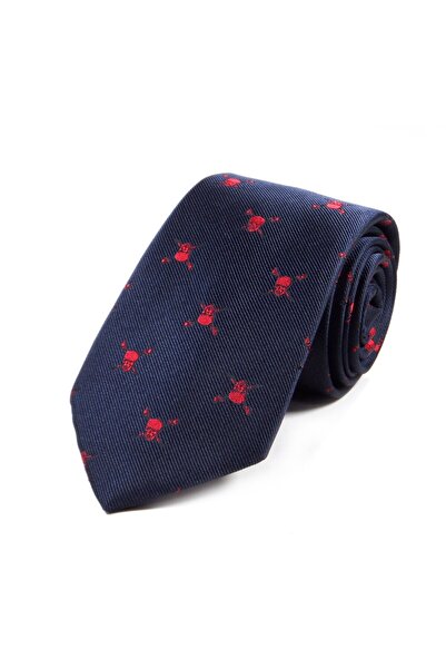 Sade Kravat Lacivert Kırmızı Kuru Kafa Motifli Orta İnce İpek Kravat 30110 Kırmızı