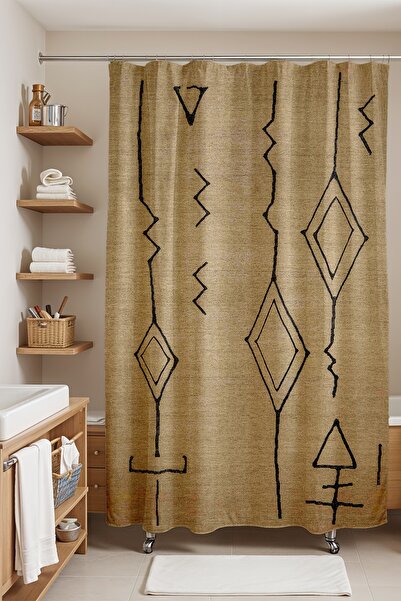 EVPANYA Banyo Perdesi, Etnik Krem Çizgi  Desenli Duş Perdesi, Küvet Perdesi 1...