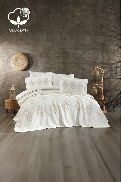 Nazik Home Marcia Tile Embroidered Double 7 Piece Duvet Cover Pique Set