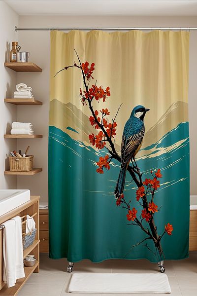 EVPANYA Perdeau de baie, perdea de duș cu model Bohemian Sparrow pe ramură, perdea pentru cadă 175x200cm