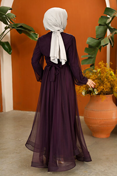 Nursima 6348 Stone Detailed Belted Grain Tulle Fabric, Lined Hijab Evening Dress