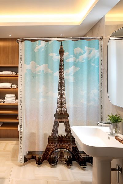EVPANYA Perdeau de baie, perdea de duș cu model peisaj Eiffel, perdea pentru cadă 175x200cm