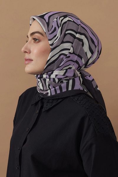 Modakaşmir Zebra Patterned Black Lilac Cotton Scarf - 110X110