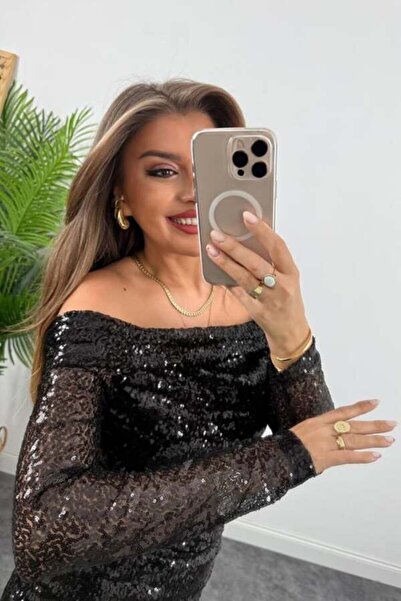 MELEK KOSTAK Kadın Siyah Madonna Yaka Drapeli Pul Payetli  Astarlı Mini Elbise Yılbaşı Elbise