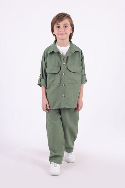 Pollito Boys Oversize Cotton Linen Shirt T-Shirt Pants 3-Piece Bottom Top Set