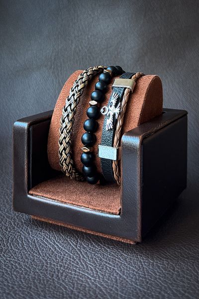 Onouqo Men's Leather and Natural Stone Combination Bracelet Set - 3 Pieces