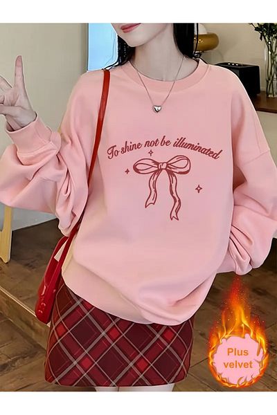 PALPİTO Women's Pink to Shine Ribbon Printed Crew Neck Oversize Sweatshirt