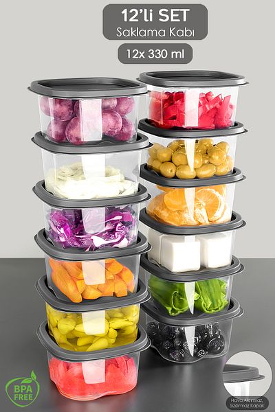 Meleni Home 12 Pieces of Square Food - Microwave 330ml Anthracite Food Storage Container