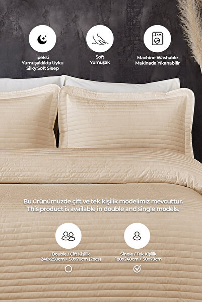 Evlen Home Collection %100 Pamuk Tek Kişilik Kapitone Yatak Örtüsü ( Pike ) Takımı Judy Elyaf Dolgulu Çizgili Bej