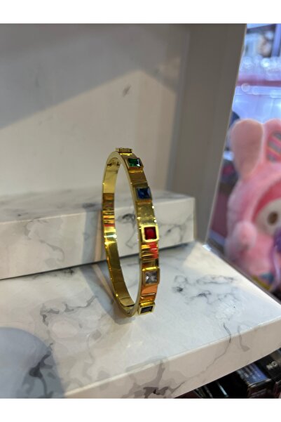 Çelik Steel Color Stone Handcuff Bracelet