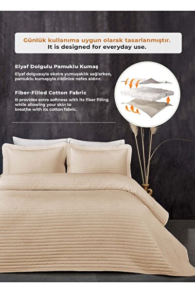 Evlen Home Collection %100 Pamuk Tek Kişilik Kapitone Yatak Örtüsü ( Pike ) Takımı Judy Elyaf Dolgulu Çizgili Bej