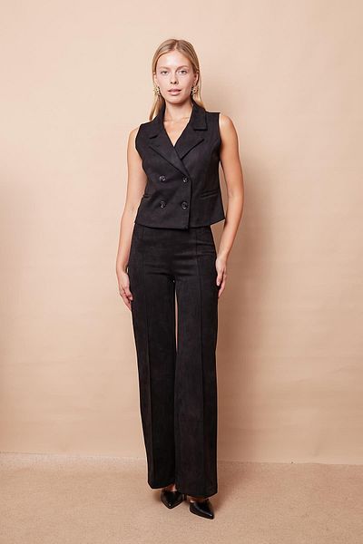 Jument Pantaloni Palazzo cu talie înaltă, cusături în față, cu picior lat, din țesătură lycra, piele de căprioară - negri