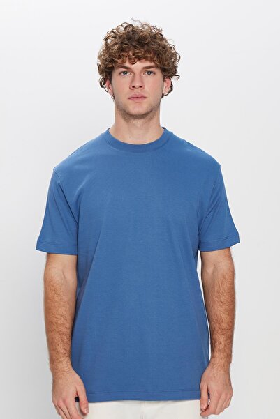 Tudors Unisex Relax Fit Άνετη κοπή 100% βαμβακερή μαλακή υφή Basic T-shirt Indigo με λαιμόκοψη