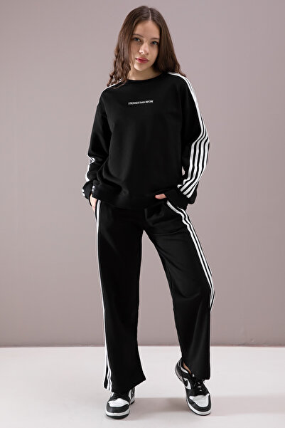 Cansın Mini Fekete széles szárú lány tréningruha szett oldalsó csíkokkal 19872