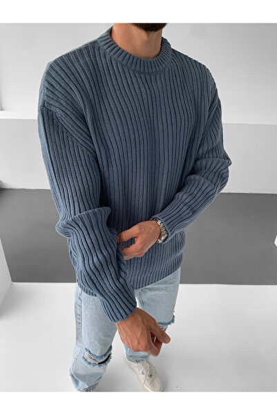 NO1 KONSEPT Синій трикотажний светр з коміром-стійкою та шнурком