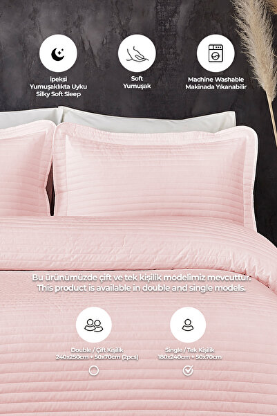 Evlen Home Collection %100 Pamuk Tek Kişilik Kapitone Yatak Örtüsü ( Pike ) Takımı Judy Elyaf Dolgulu Çizgili Pudra