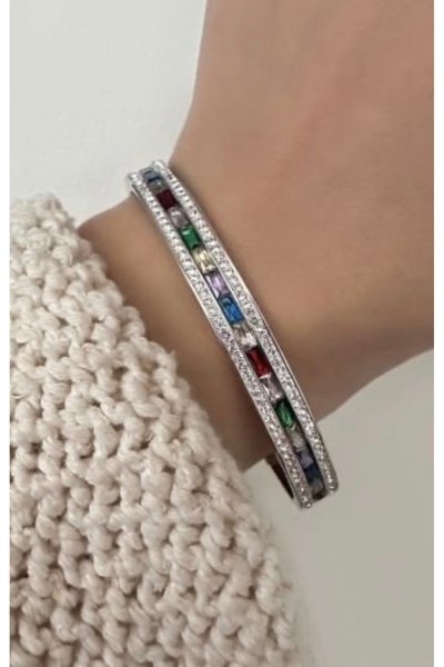 Çelik Steel Color Stone Handcuff Bracelet