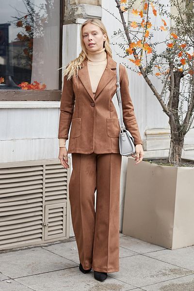 Jument High Waist and Front Stitched Wide Leg Lycra Suede Trousers - Tan