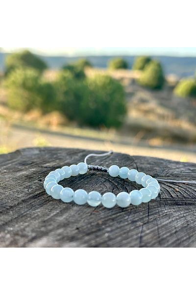 Gökçeada Certified 6 mm Macrame Aquamarine Stone Women Men's Bracelet
