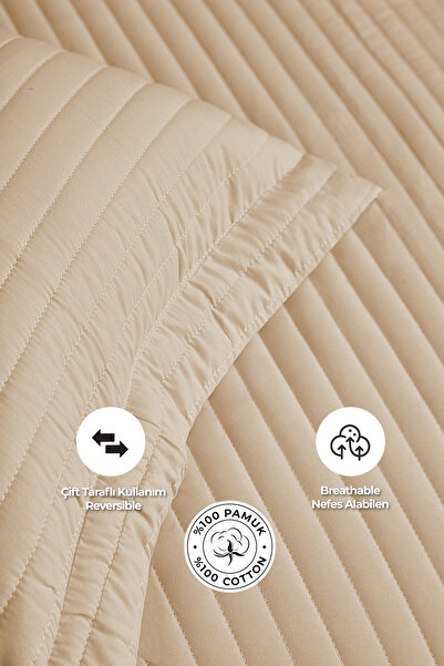 Evlen Home Collection %100 Pamuk Tek Kişilik Kapitone Yatak Örtüsü ( Pike ) Takımı Judy Elyaf Dolgulu Çizgili Bej