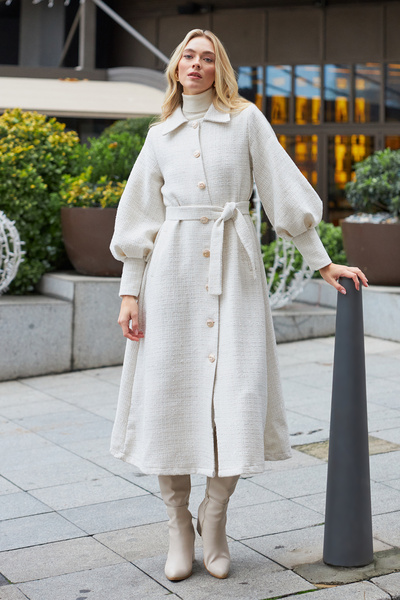 VAVİNOR Balon Kol Kuşaklı Kaban - Ekru