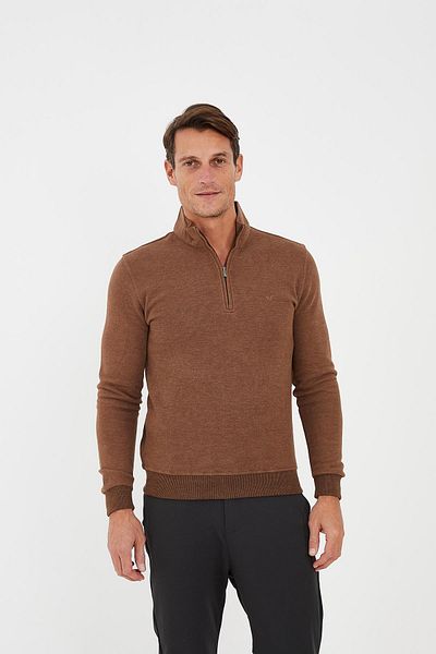 Maccali Ανδρικό μπλουζάκι με μισό φερμουάρ Fisherman Basic μακρύ καφέ