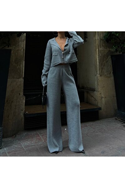 neslihansarıca بدلة تريكو، بدلة تريكو سفلية مزدوجة باللون الرمادي