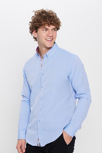 Tudors Pánská Slim Fit košile Oxford Texture – dlouhý rukáv, snadné žehlení, modrá, límeček na knoflíky