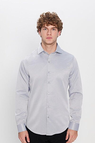 Tudors Slim Fit Uzun Kollu Pamuklu Düz Erkek Gri Gömlek