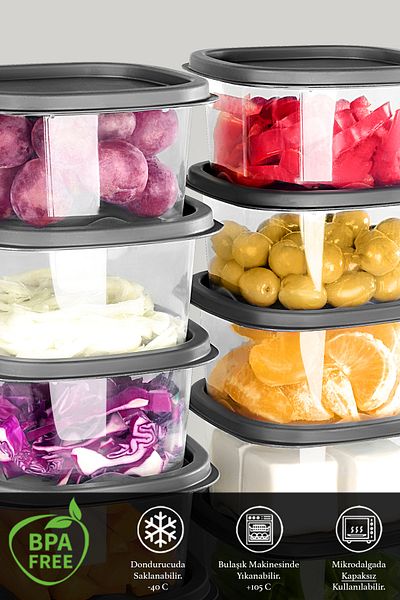 Meleni Home 12 Pieces of Square Food - Microwave 330ml Anthracite Food Storage Container