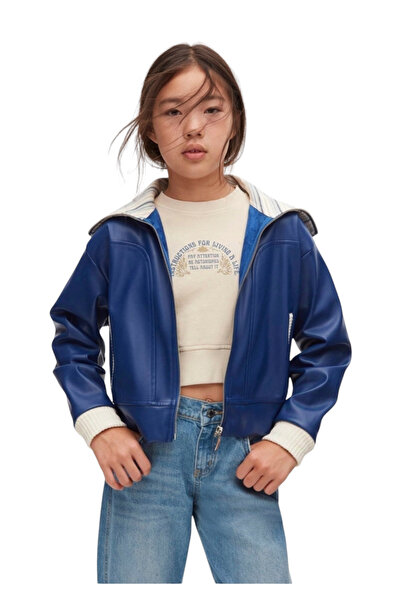 nk kids Girl's Zipper Closure Pocket Azul Leather Jacket