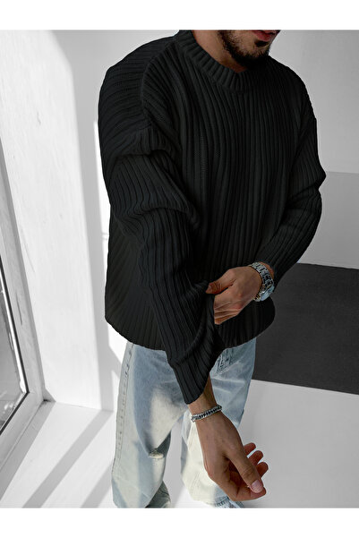 NO1 KONSEPT Μαύρο πλεκτό πουλόβερ με λαιμόκοψη με ραβδώσεις