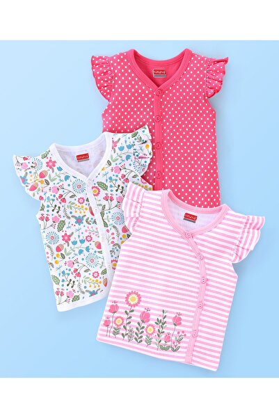 Babyhug Babyhug 100% Cotton Half Sleeves Vest Striped & Floral Print Pack Of 3 - Pink & White
