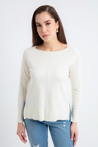 Lafaba Women's Ecru Boat Neck Sweater with Side Slits