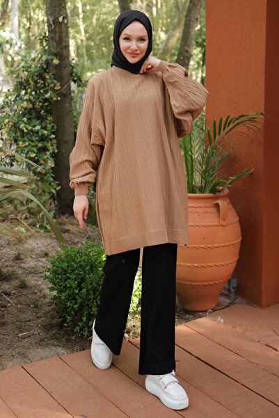 hafsamina Camel Balloon Sleeve Knitwear Tunic - Hm2519