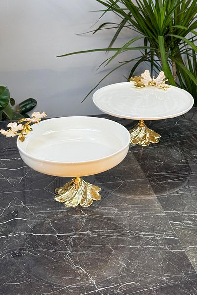 MAY HOME طقم عرض من البورسلين على شكل فراشة من عرق اللؤلؤ بأرجل معدنية - عرض طعام للسلطة بأرجل كاند