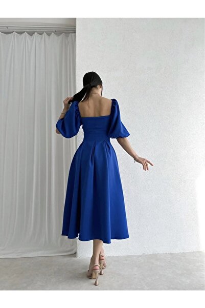 Daem Butik Women's Strapless Collar Pleated Flared Cut Midi Length Short Balloon Sleeve Black Evening Dress