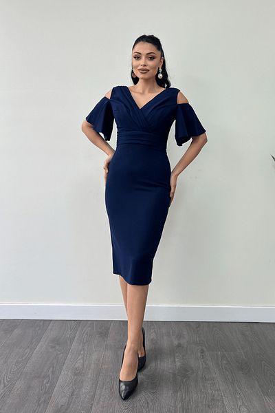 giyimmasalı Crepe Fabric Drawstring Detailed Pencil Dress - Dark Blue