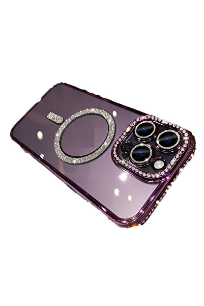 UnDePlus Apple iPhone 16 Pro Max Kılıf Simli Magsafe Kamera Kenar Taşlı Kapak