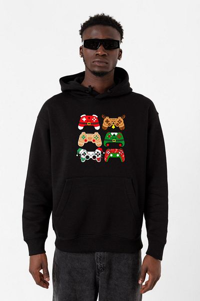 Tshirthane Мъжки коледен черен суитшърт с качулка и контролер за видеоигри 3ip