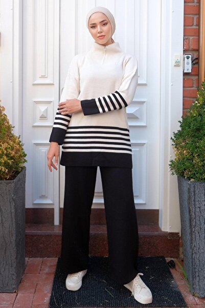hafsamina Collar Zippered Knitwear Suit Black HM2235