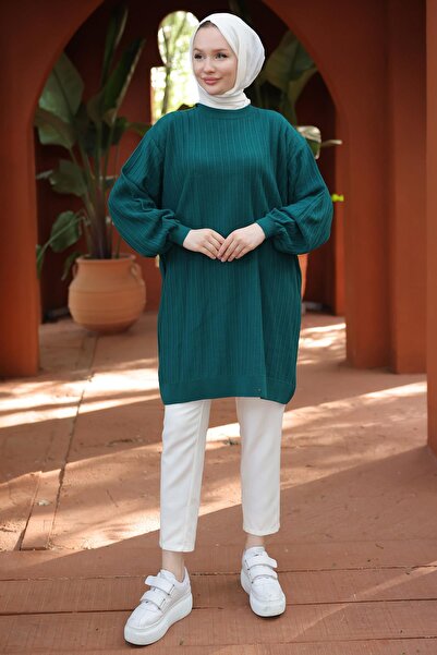 hafsamina Σμαραγδένιο πλεκτό τουνίκ με μανίκια μπαλόνι - HM2519