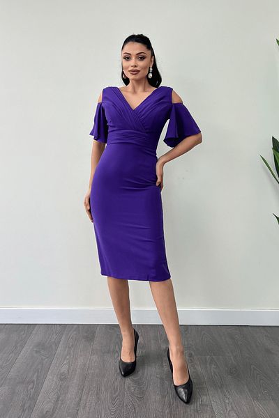 giyimmasalı Purple Crepe Fabric Pencil Dress - Drawstring Detail