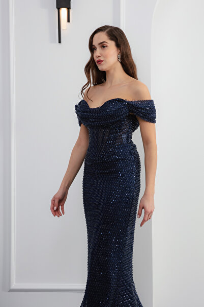 Lafaba Női sötétkék csónaknyakú flitteres hosszú estélyi ruha