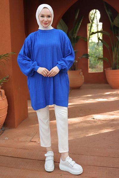 hafsamina Saks Colorful Balloon Sleeve Knitwear Tunic - Hm2519