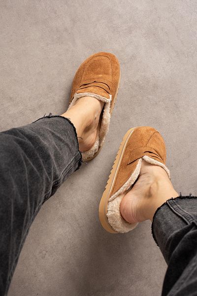 ShoeTek Tan Suede Lisya Γυναικείες Παντόφλες - Γούνα Εσωτερικά