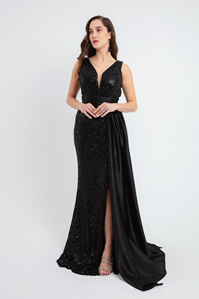 Lafaba Dámské dlouhé večerní flitrové šaty s černým pasem