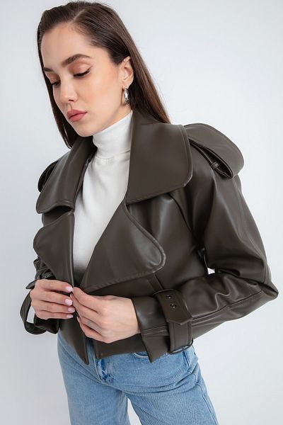 Lafaba Women's Khaki Short Faux Leather Jacket