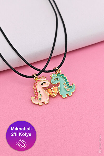 BearPear 2'li Mıknatıslı Kolye Dinozor ve Kalpli Arkadaşlık Kolyesi
